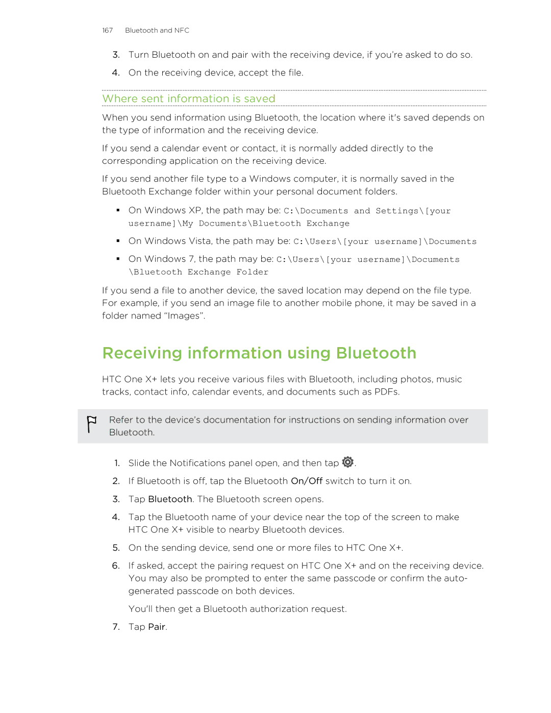 HTC X+ manual Receiving information using Bluetooth, Where sent information is saved 