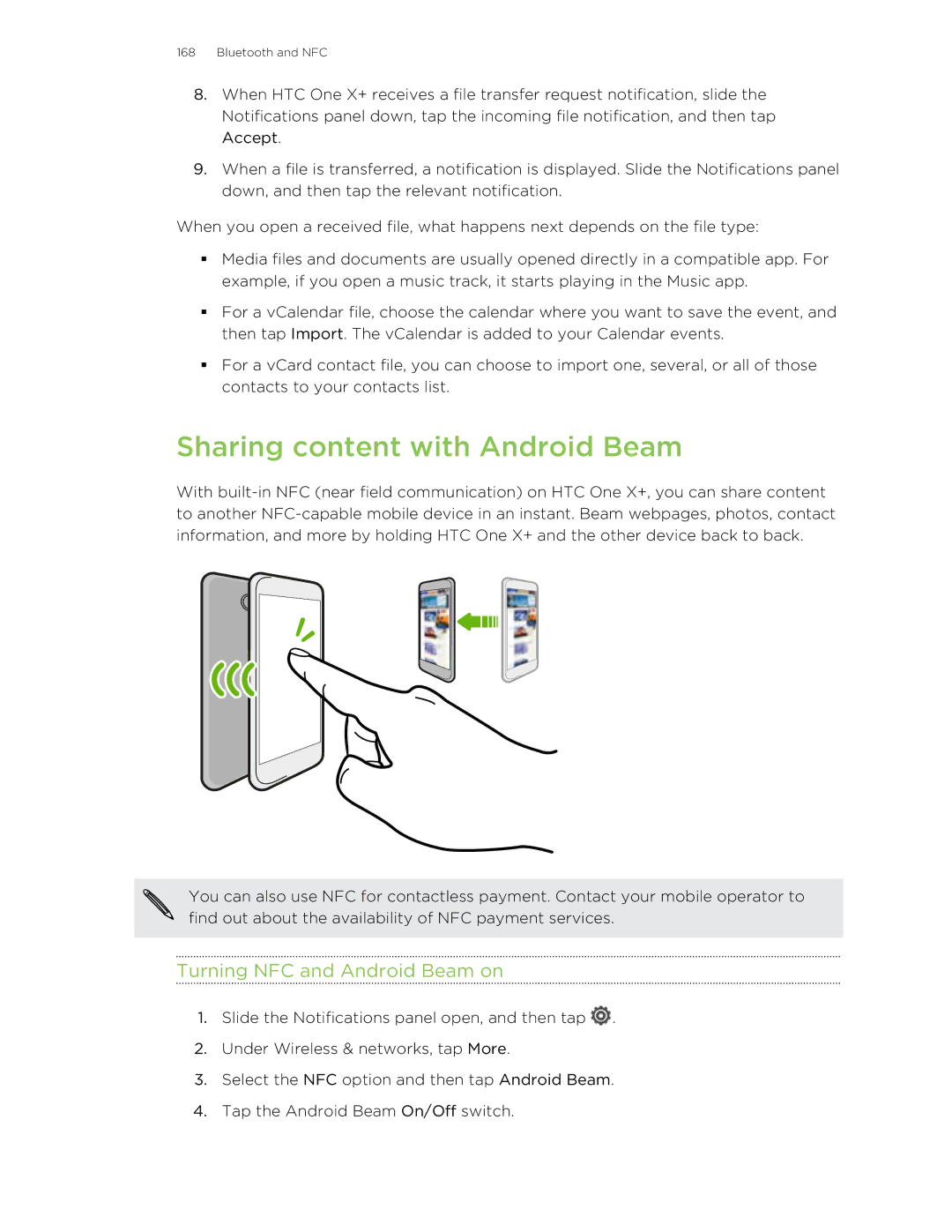 HTC X+ manual Sharing content with Android Beam, Turning NFC and Android Beam on 