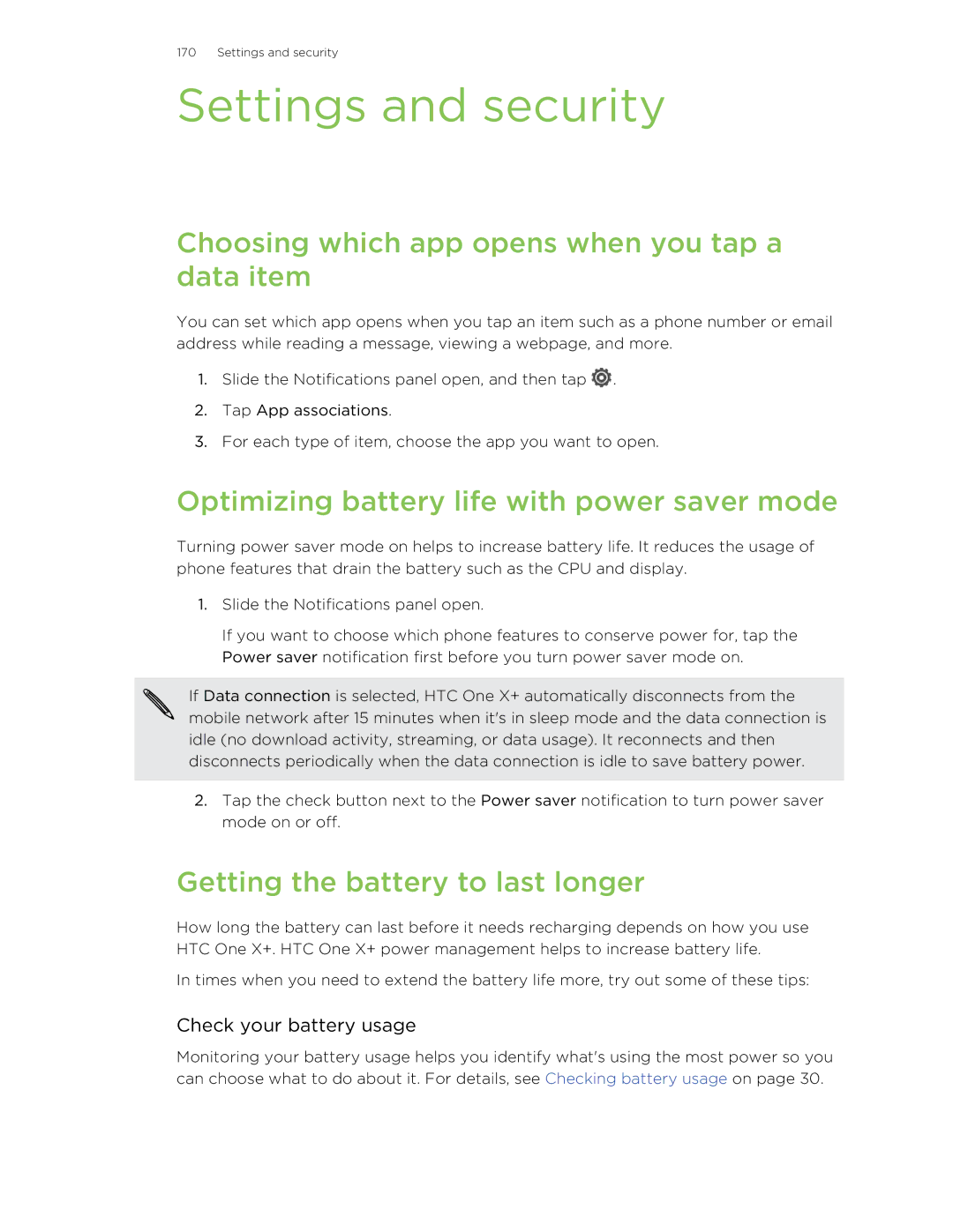 HTC X+ manual Settings and security, Choosing which app opens when you tap a data item, Getting the battery to last longer 