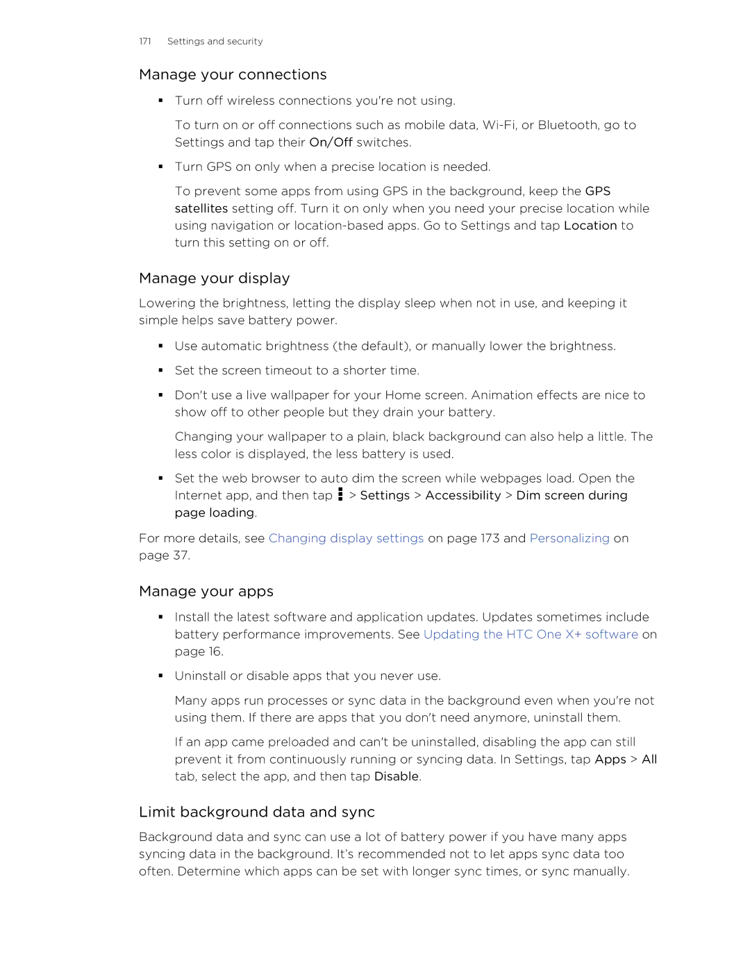 HTC X+ manual Manage your connections, Manage your display, Manage your apps, Limit background data and sync 