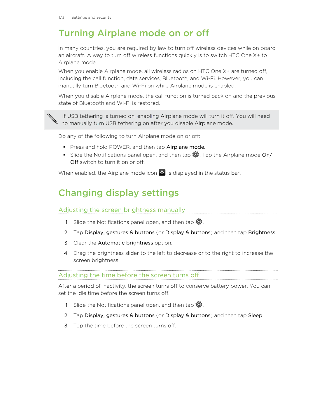 HTC X+ Turning Airplane mode on or off, Changing display settings, Adjusting the screen brightness manually 