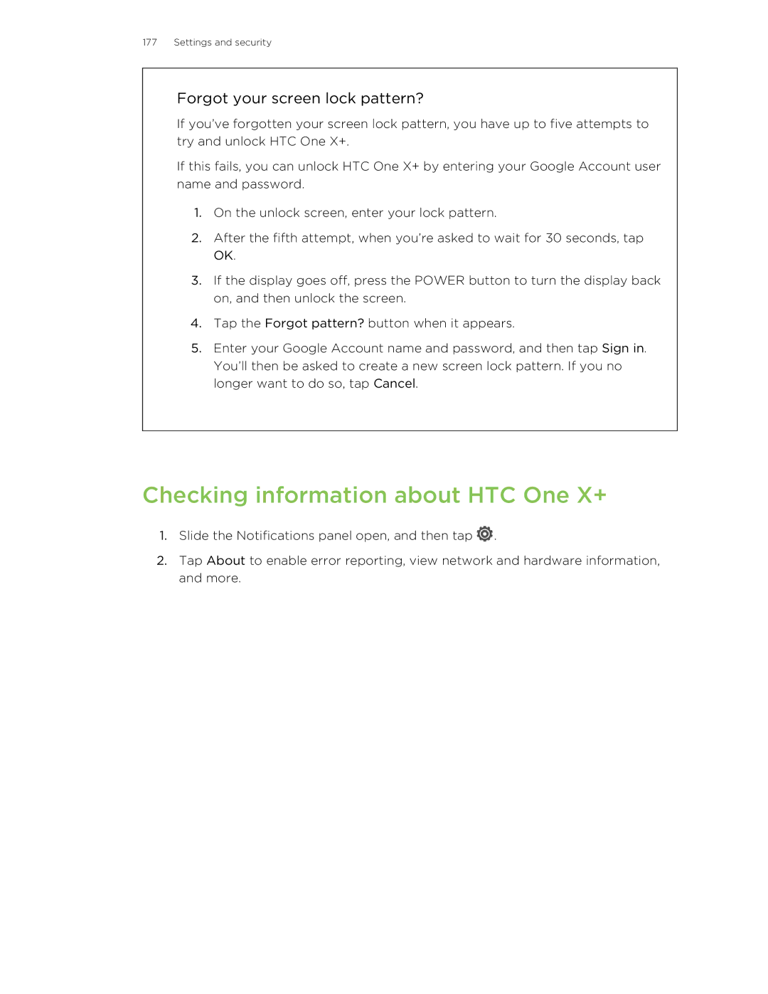 HTC manual Checking information about HTC One X+, Forgot your screen lock pattern? 