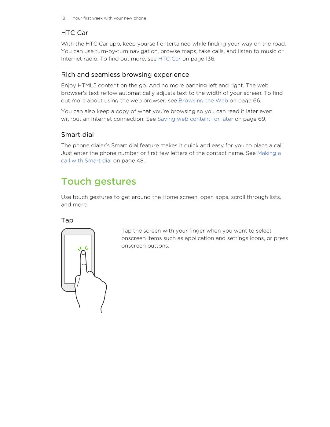 HTC X+ manual Touch gestures, HTC Car, Rich and seamless browsing experience, Smart dial, Tap 