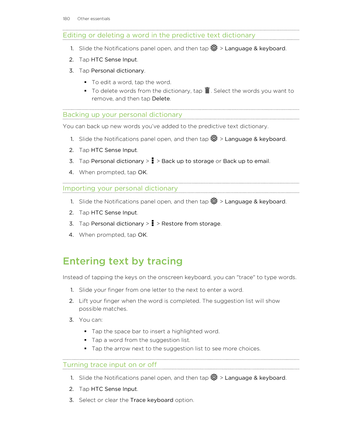 HTC X+ manual Entering text by tracing, Backing up your personal dictionary, Importing your personal dictionary 