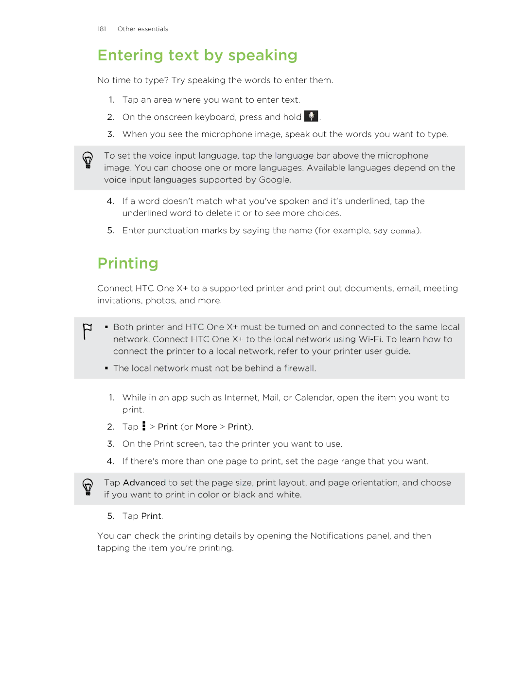 HTC X+ manual Entering text by speaking, Printing 