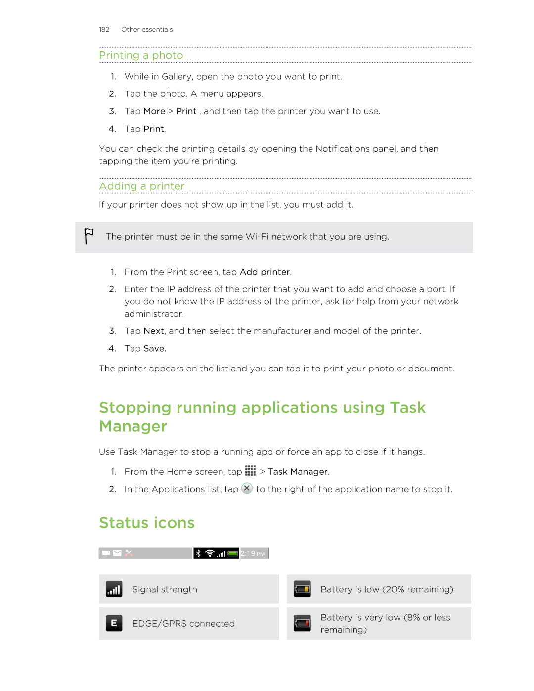 HTC X+ manual Stopping running applications using Task Manager, Status icons, Printing a photo, Adding a printer 