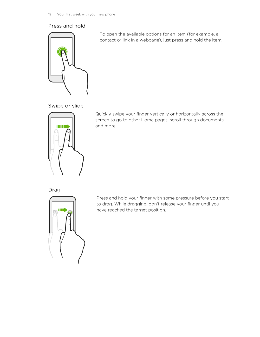 HTC X+ manual Press and hold, Swipe or slide, Drag 