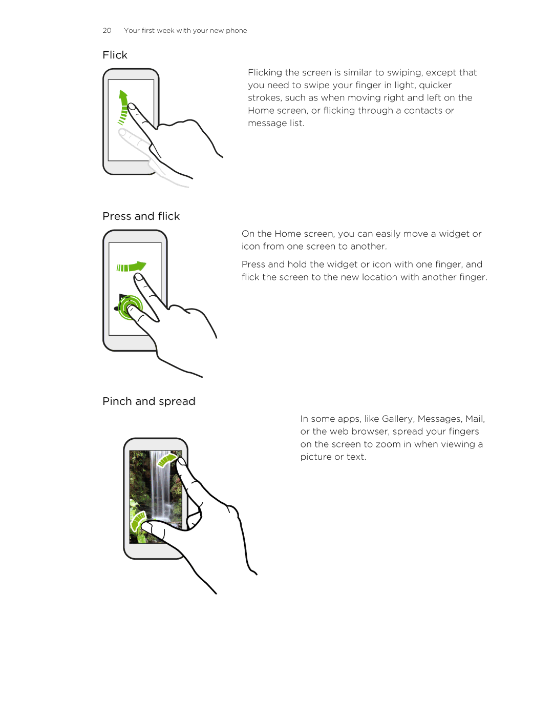 HTC X+ manual Flick, Press and flick, Pinch and spread 