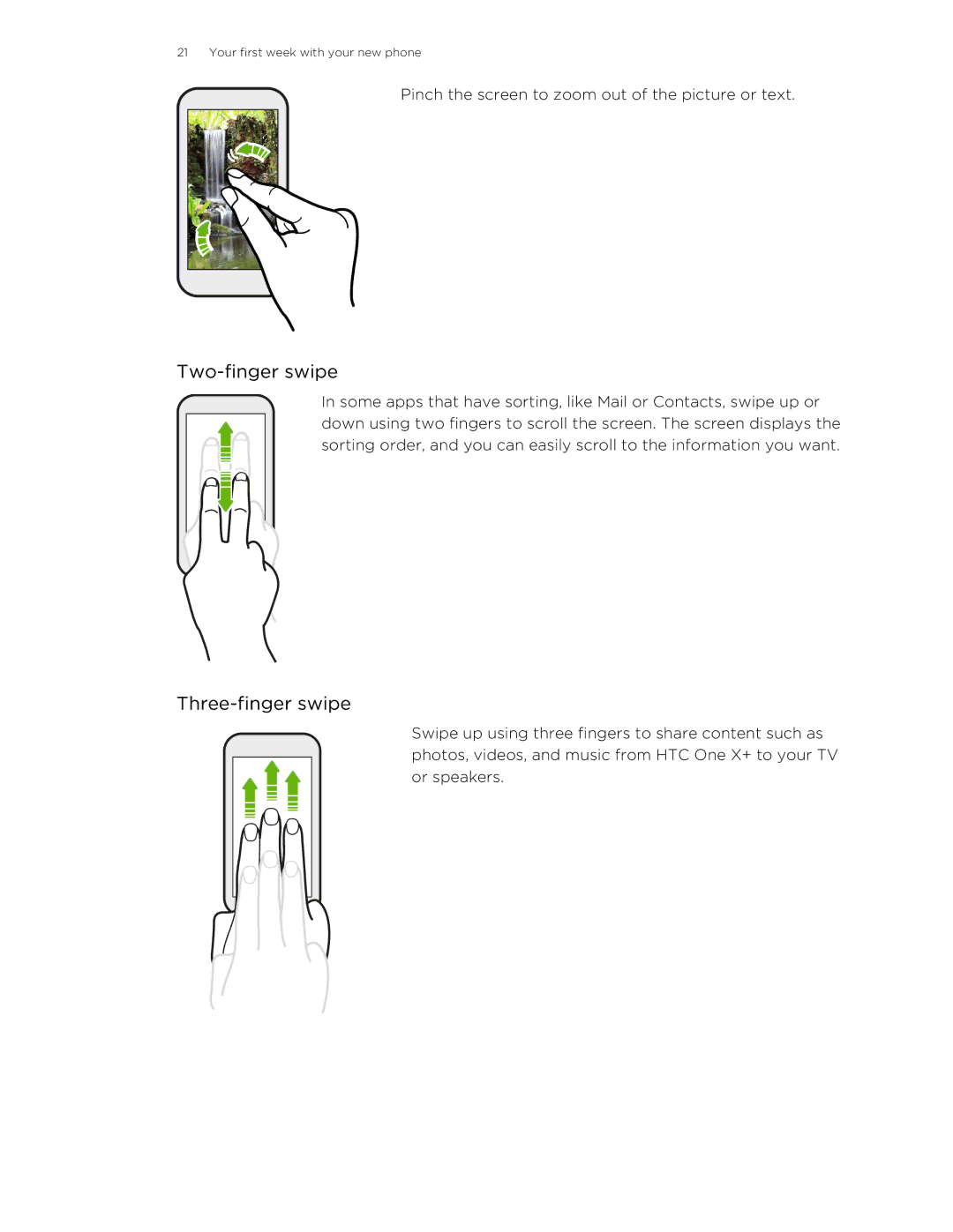 HTC X+ manual Two-finger swipe, Three-finger swipe 