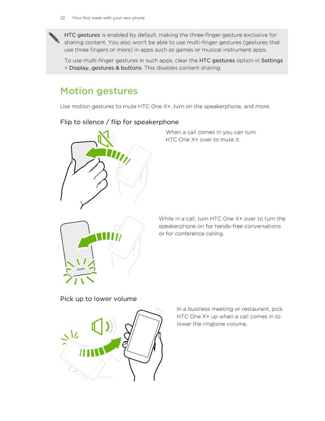 HTC X+ manual Motion gestures, Flip to silence / flip for speakerphone, Pick up to lower volume 