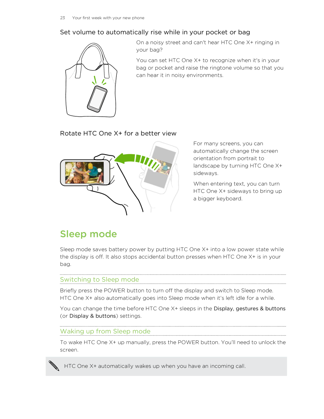 HTC manual Rotate HTC One X+ for a better view, Switching to Sleep mode, Waking up from Sleep mode 