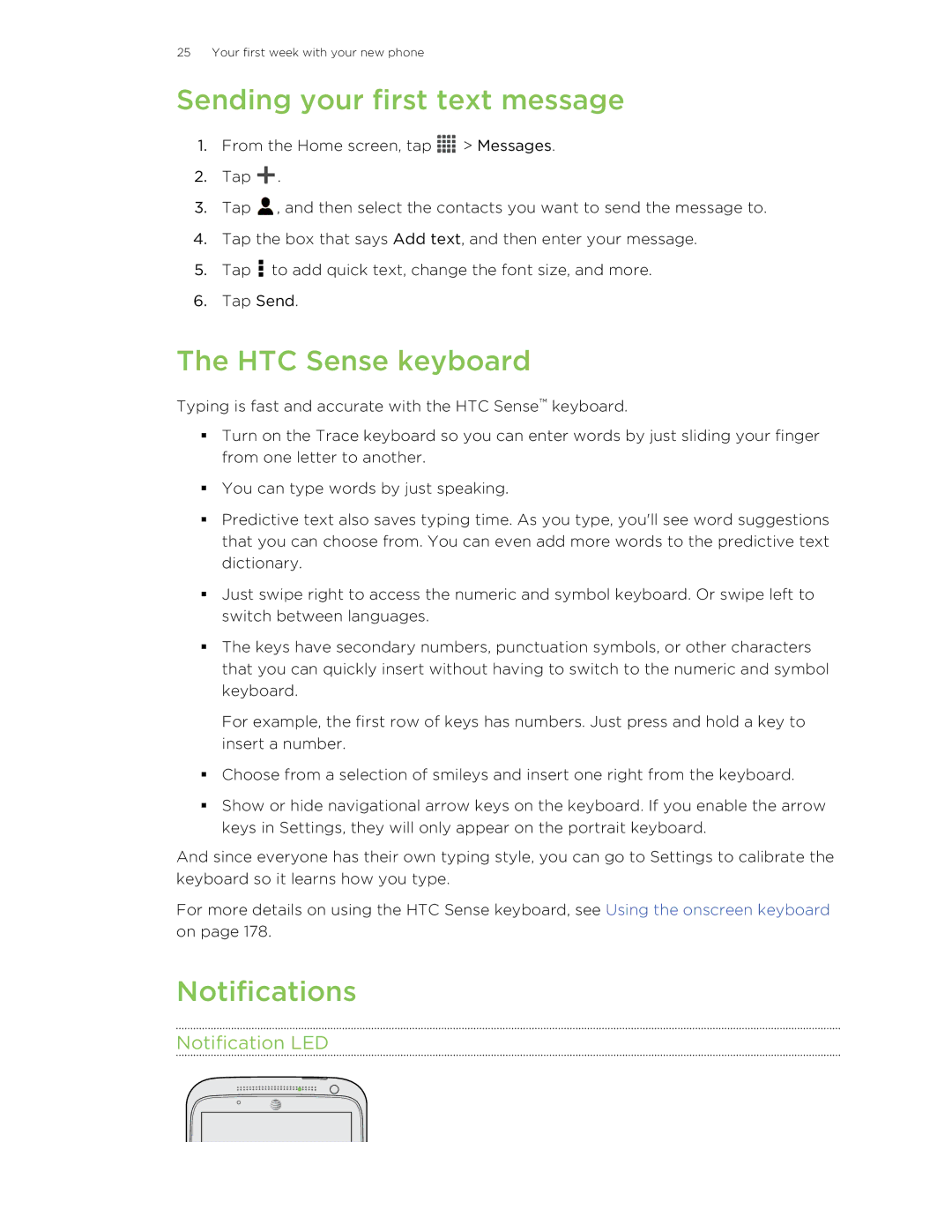 HTC X+ manual Sending your first text message, HTC Sense keyboard, Notifications, Notification LED 