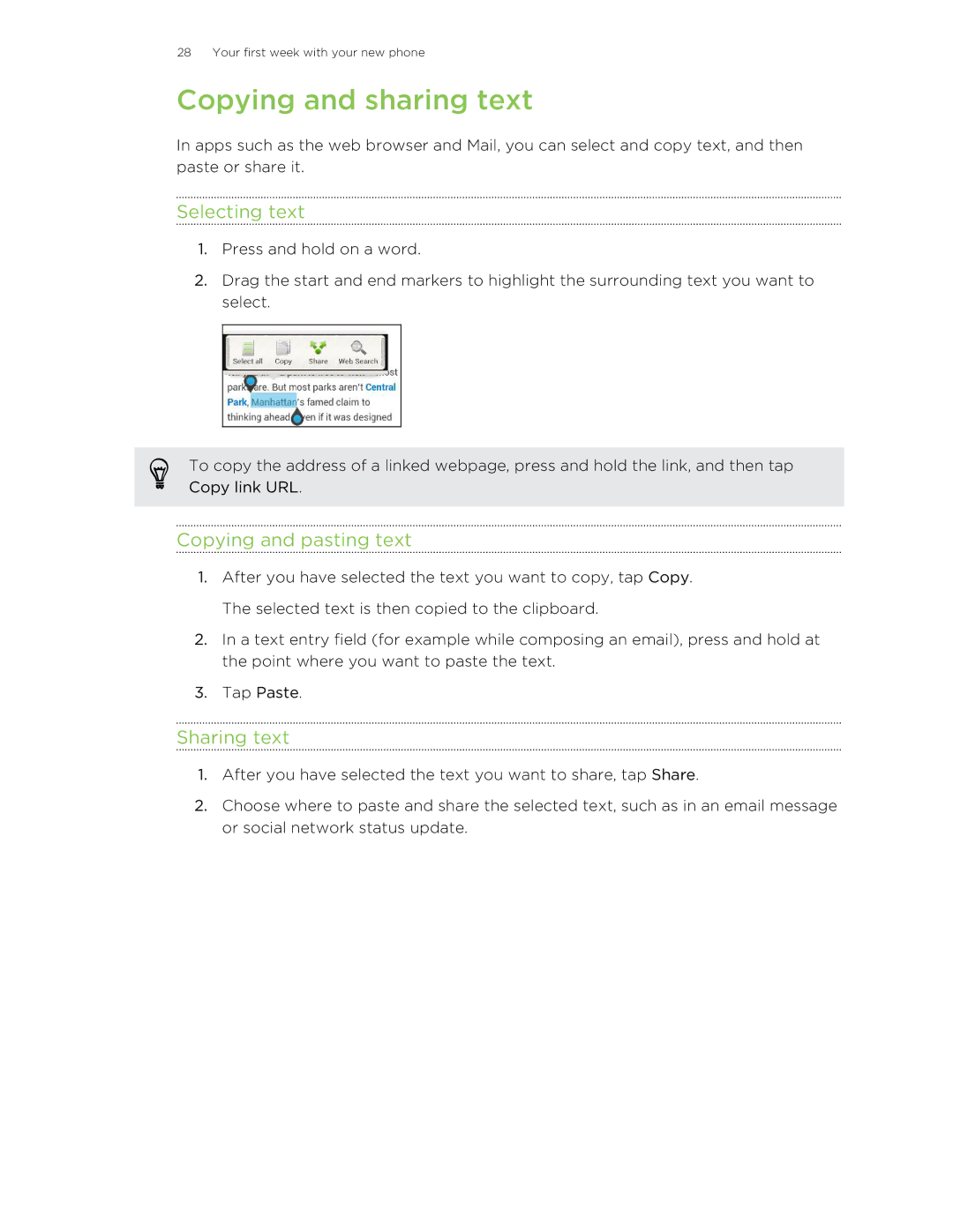 HTC X+ manual Copying and sharing text, Selecting text, Copying and pasting text, Sharing text 