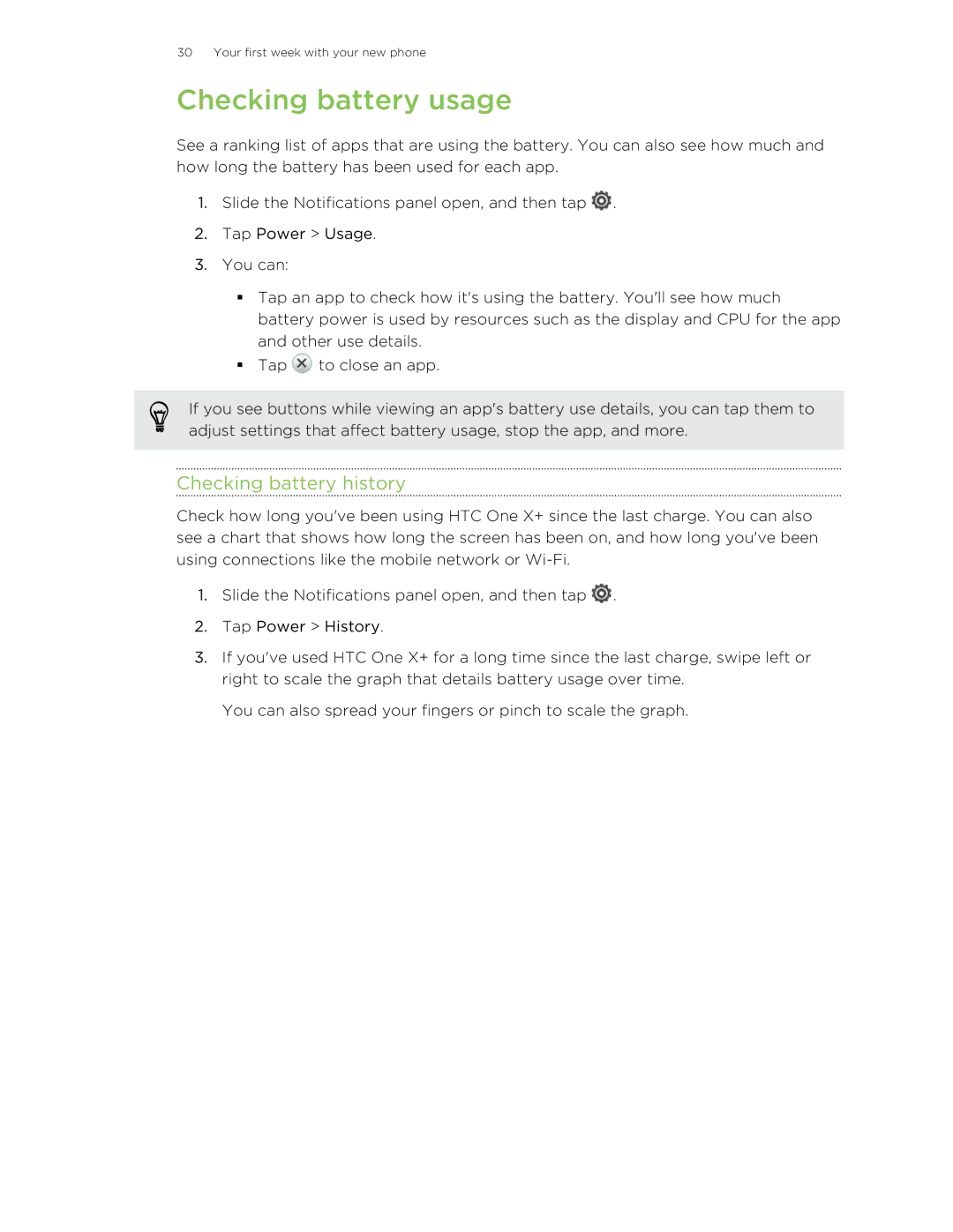 HTC X+ manual Checking battery usage, Checking battery history 