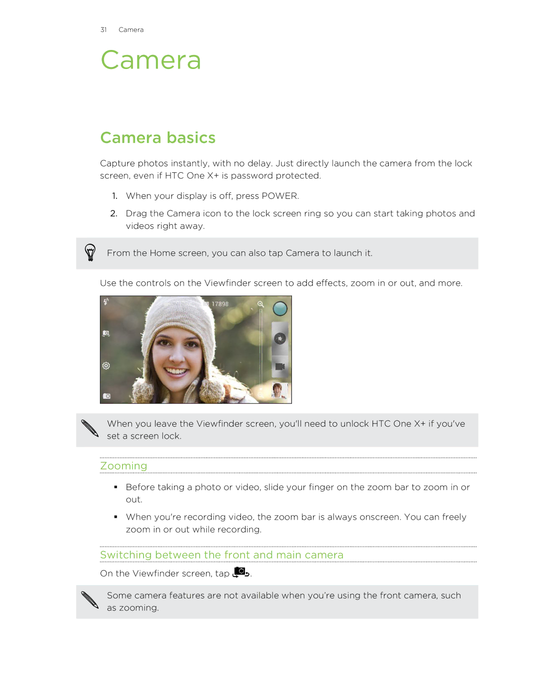 HTC X+ manual Camera basics, Zooming, Switching between the front and main camera 