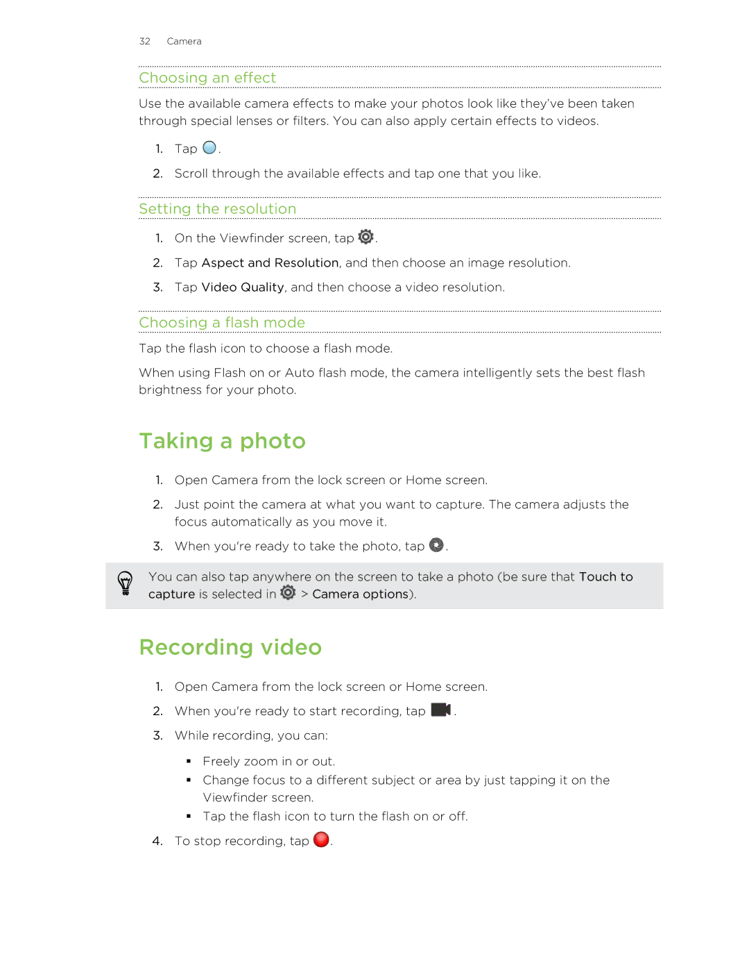 HTC X+ manual Taking a photo, Recording video, Choosing an effect, Setting the resolution, Choosing a flash mode 