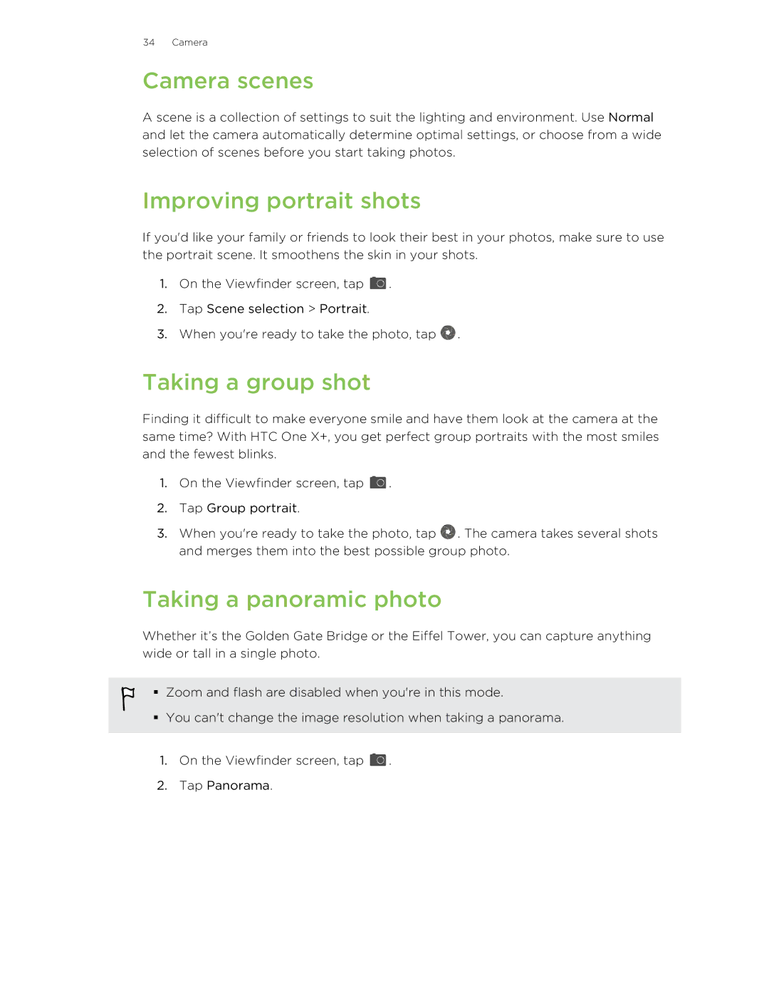 HTC X+ manual Camera scenes, Improving portrait shots, Taking a group shot, Taking a panoramic photo 