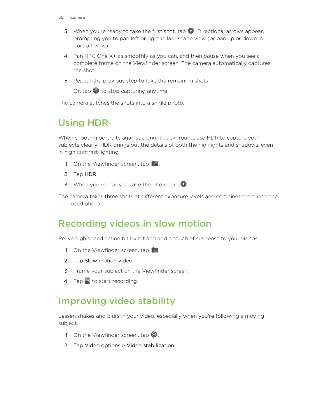 HTC X+ manual Using HDR, Recording videos in slow motion, Improving video stability 