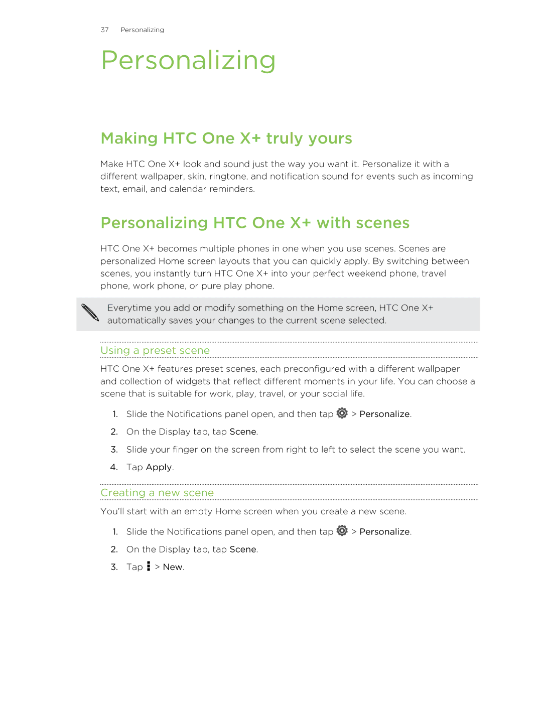 HTC Making HTC One X+ truly yours, Personalizing HTC One X+ with scenes, Using a preset scene, Creating a new scene 