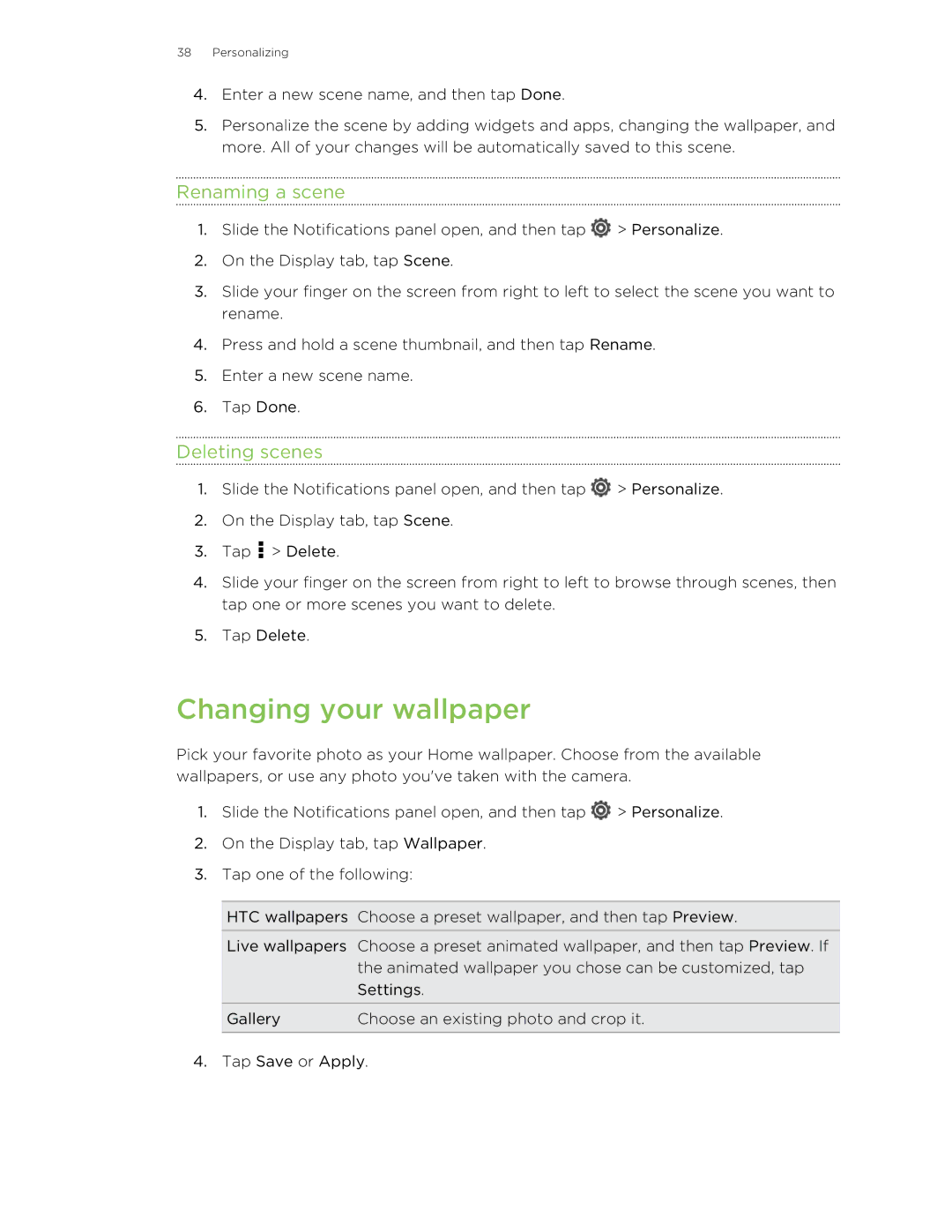 HTC X+ manual Changing your wallpaper, Renaming a scene, Deleting scenes 