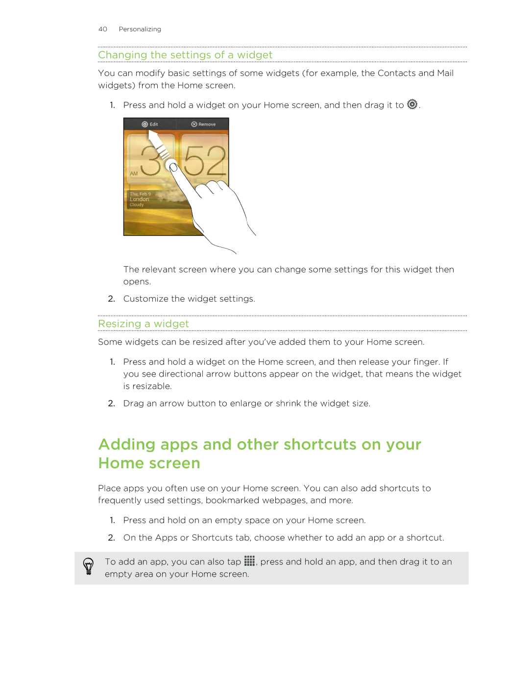 HTC X+ manual Adding apps and other shortcuts on your Home screen, Changing the settings of a widget, Resizing a widget 