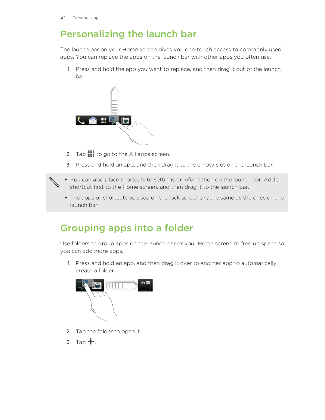 HTC X+ manual Personalizing the launch bar, Grouping apps into a folder 