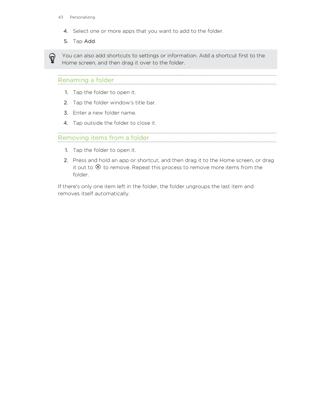 HTC X+ manual Renaming a folder, Removing items from a folder 