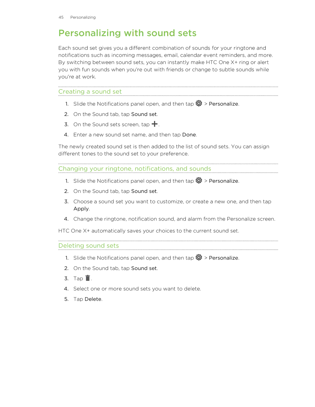 HTC X+ manual Personalizing with sound sets, Creating a sound set, Changing your ringtone, notifications, and sounds 