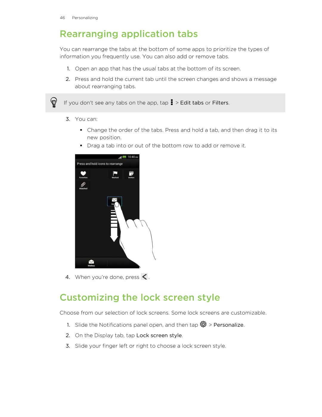 HTC X+ manual Rearranging application tabs, Customizing the lock screen style 