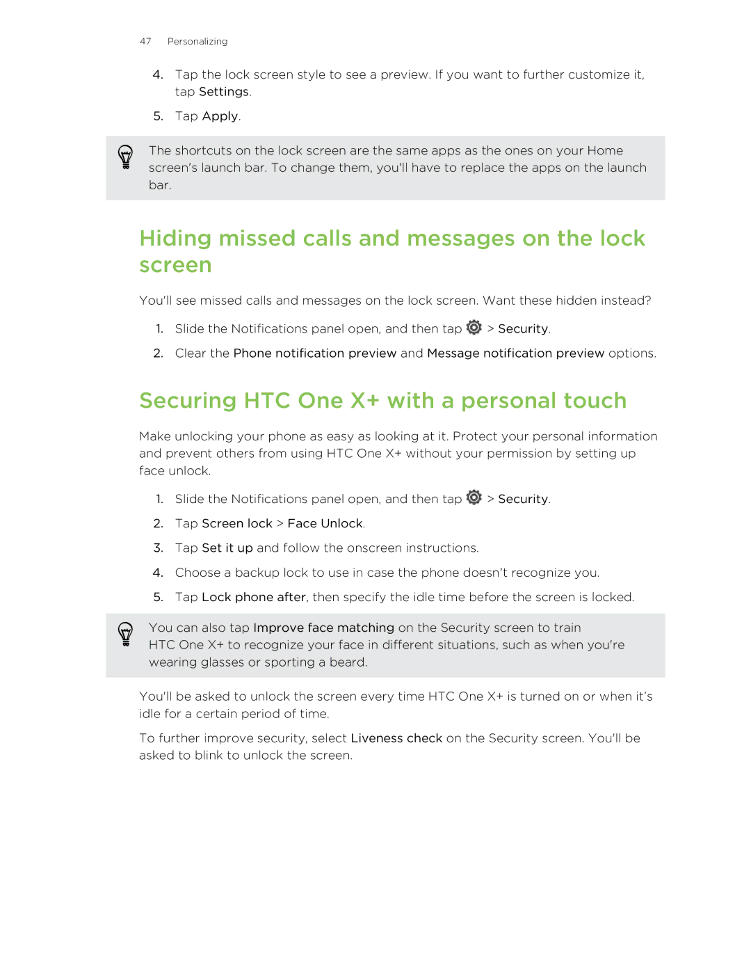 HTC manual Hiding missed calls and messages on the lock screen, Securing HTC One X+ with a personal touch 