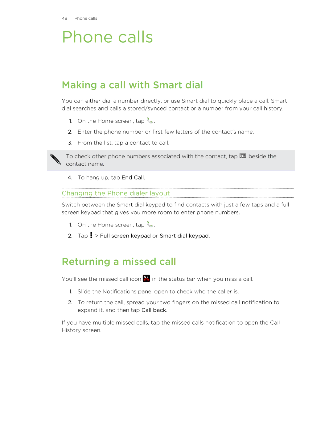 HTC X+ manual Phone calls, Making a call with Smart dial, Returning a missed call, Changing the Phone dialer layout 