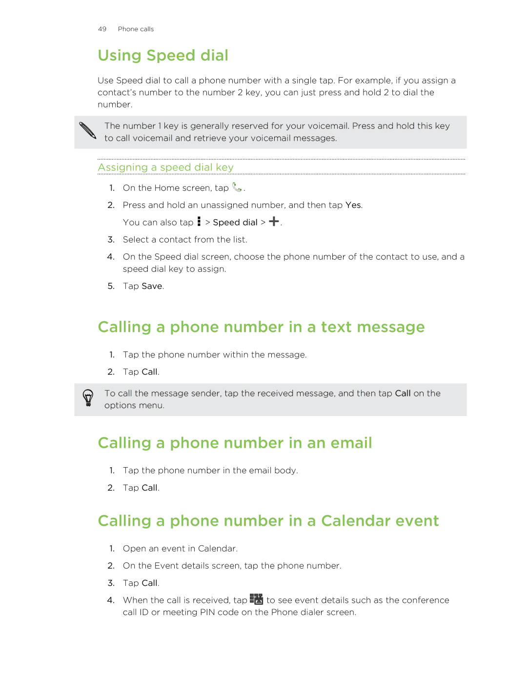 HTC X+ manual Using Speed dial, Calling a phone number in a text message, Calling a phone number in an email 