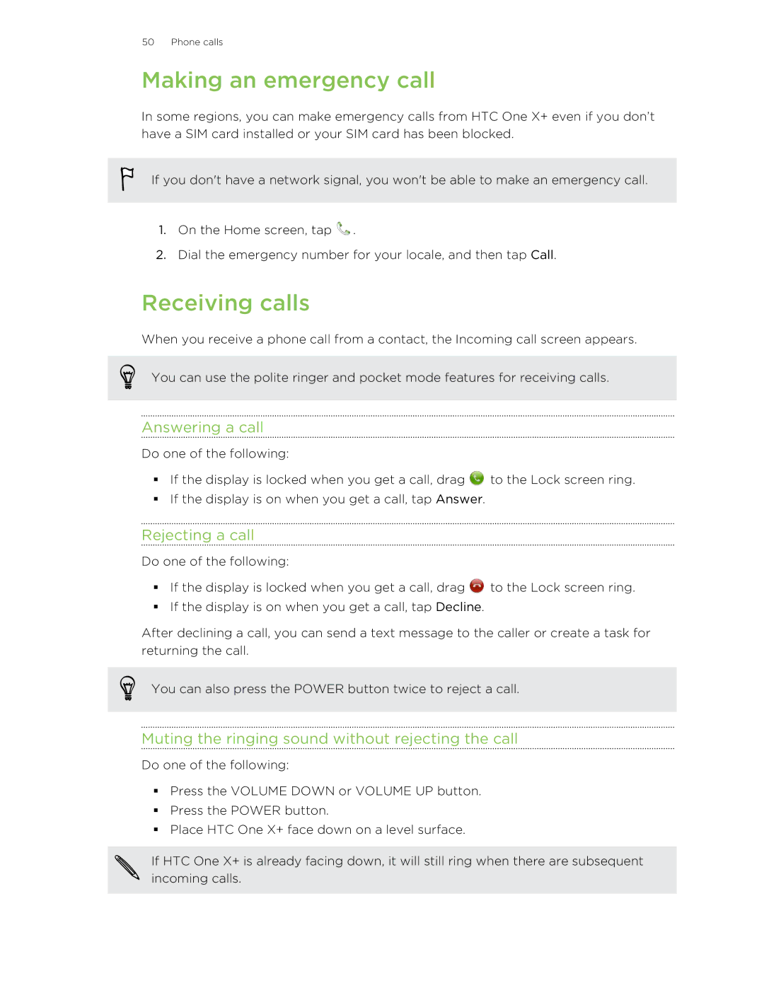 HTC X+ manual Making an emergency call, Receiving calls, Answering a call, Rejecting a call 