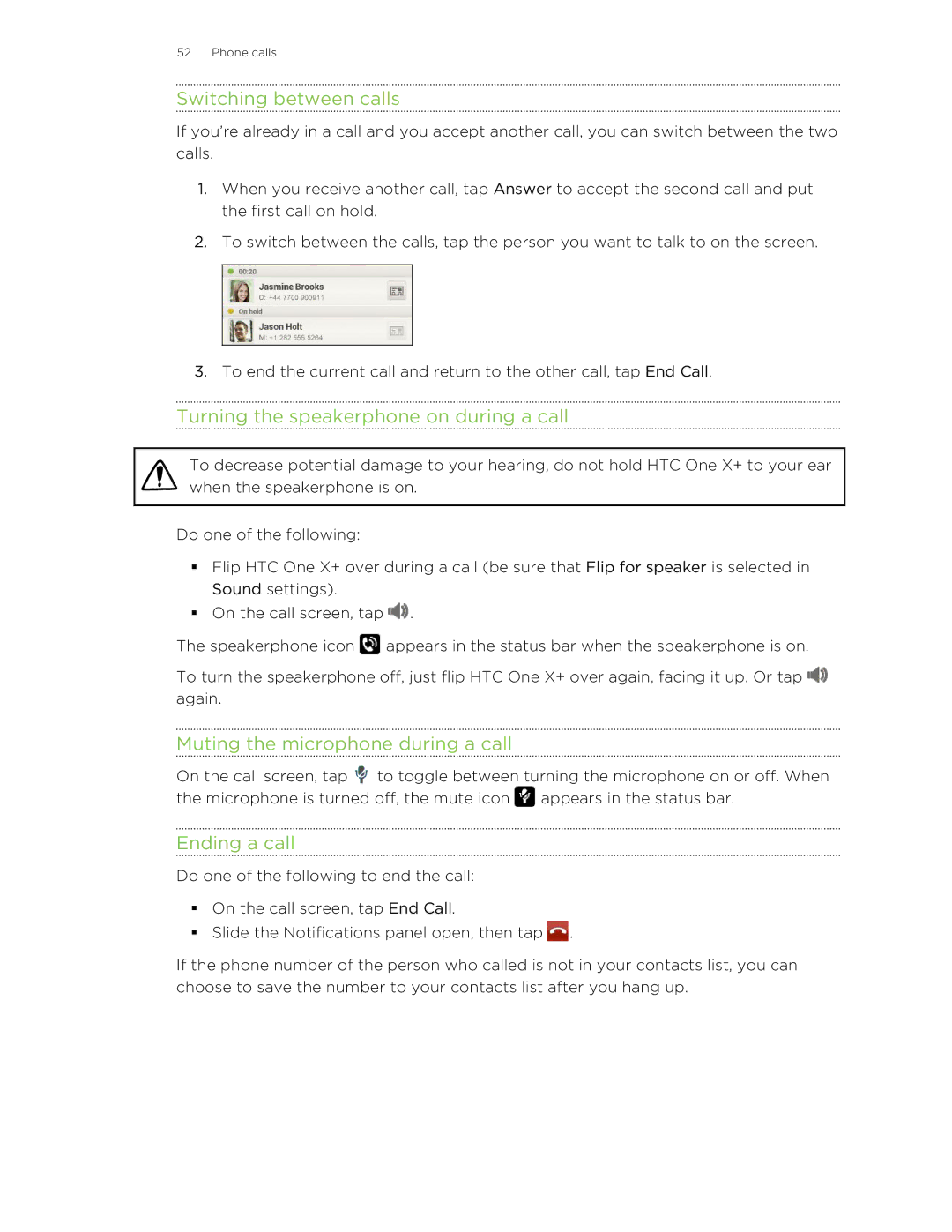 HTC X+ manual Switching between calls, Turning the speakerphone on during a call, Muting the microphone during a call 