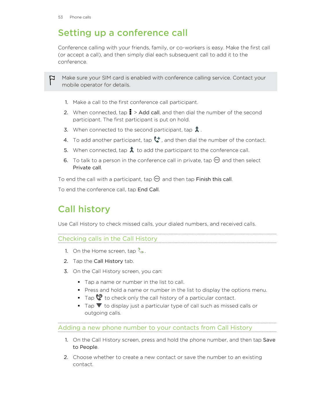 HTC X+ manual Setting up a conference call, Call history, Checking calls in the Call History 