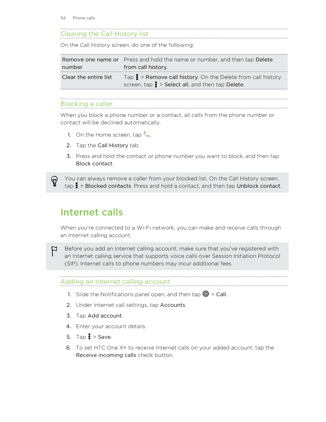 HTC X+ manual Internet calls, Clearing the Call History list, Blocking a caller, Adding an Internet calling account 