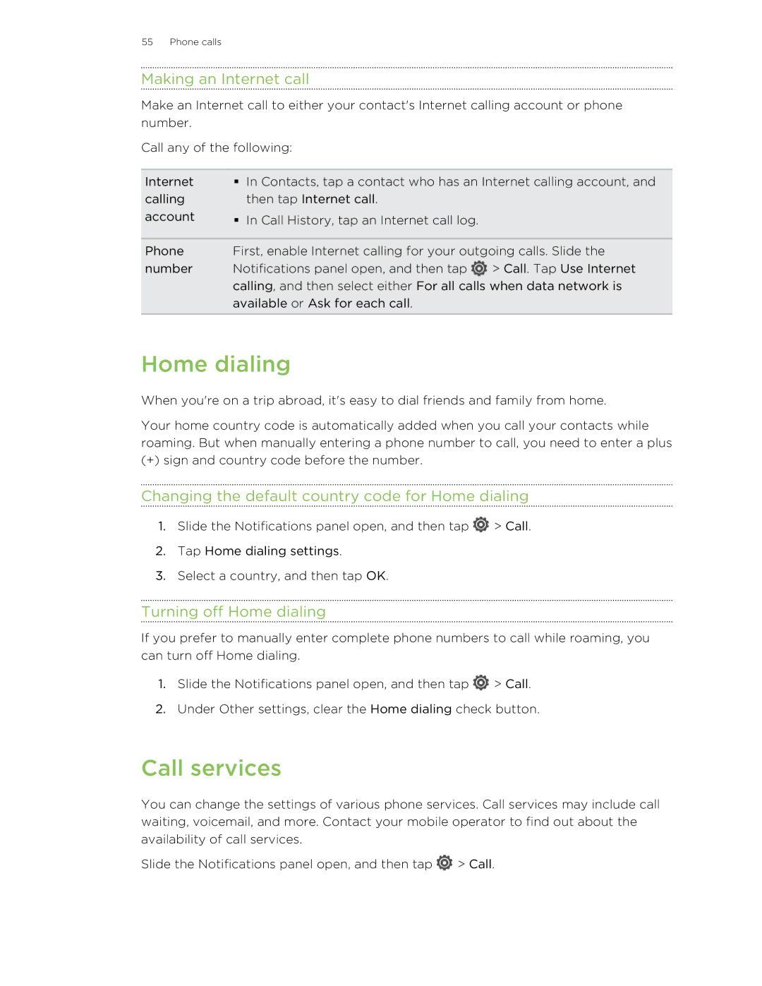 HTC X+ manual Call services, Making an Internet call, Changing the default country code for Home dialing 