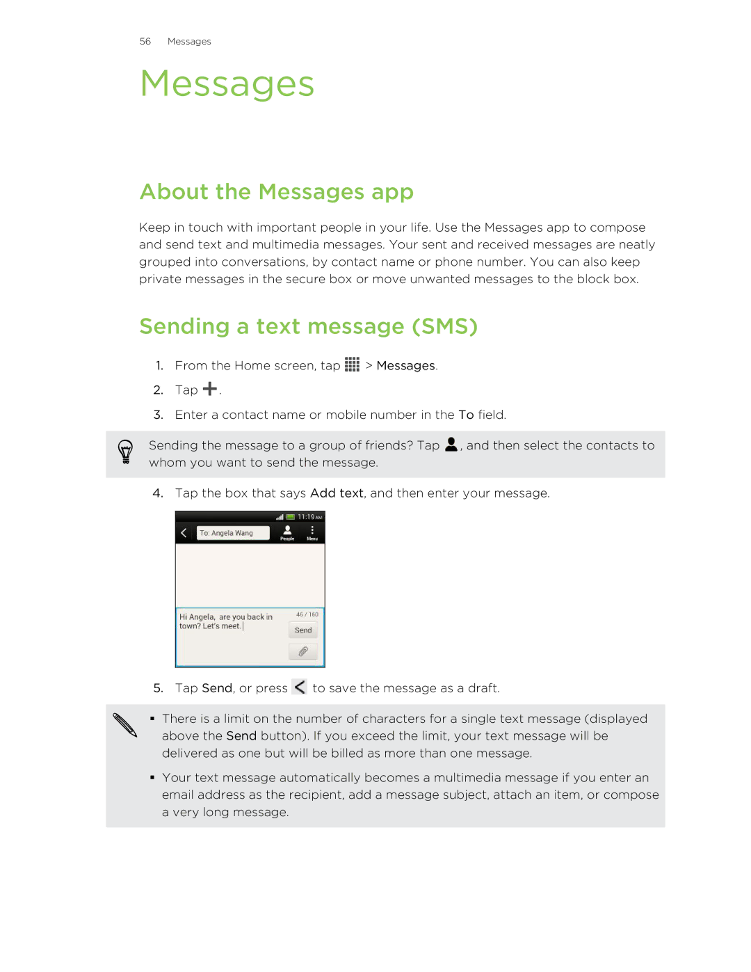 HTC X+ manual About the Messages app, Sending a text message SMS 