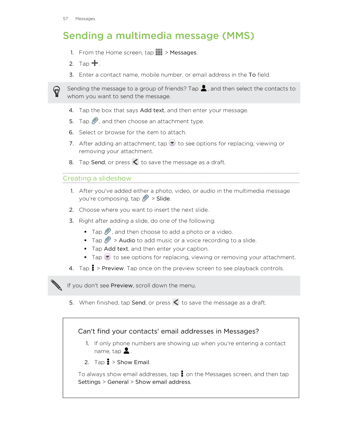 HTC X+ manual Sending a multimedia message MMS, Creating a slideshow, Cant find your contacts email addresses in Messages? 