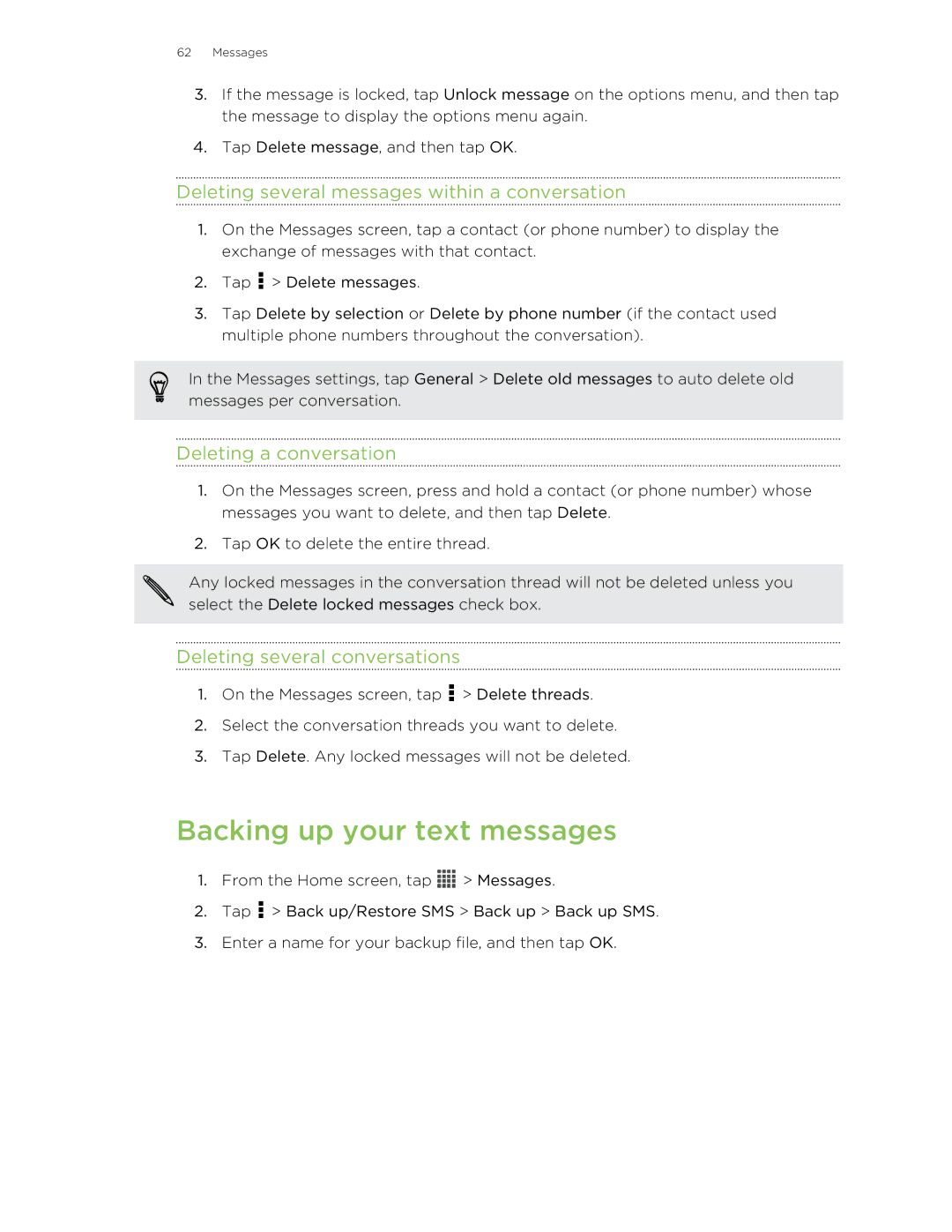 HTC X+ manual Backing up your text messages, Deleting several messages within a conversation, Deleting a conversation 