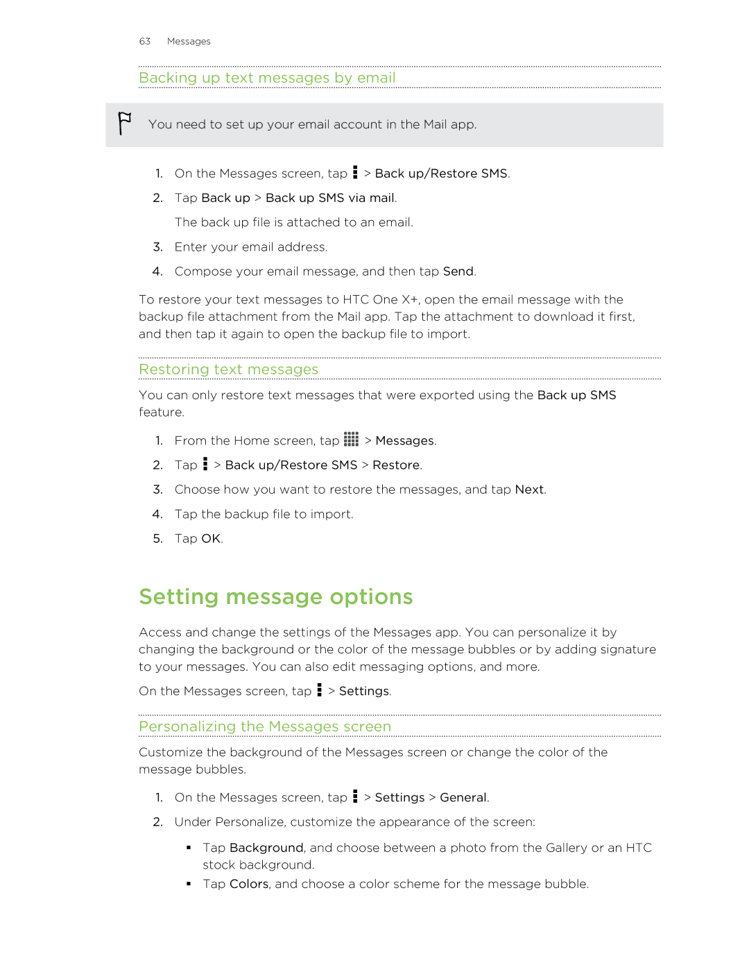 HTC X+ manual Setting message options, Backing up text messages by email, Restoring text messages 