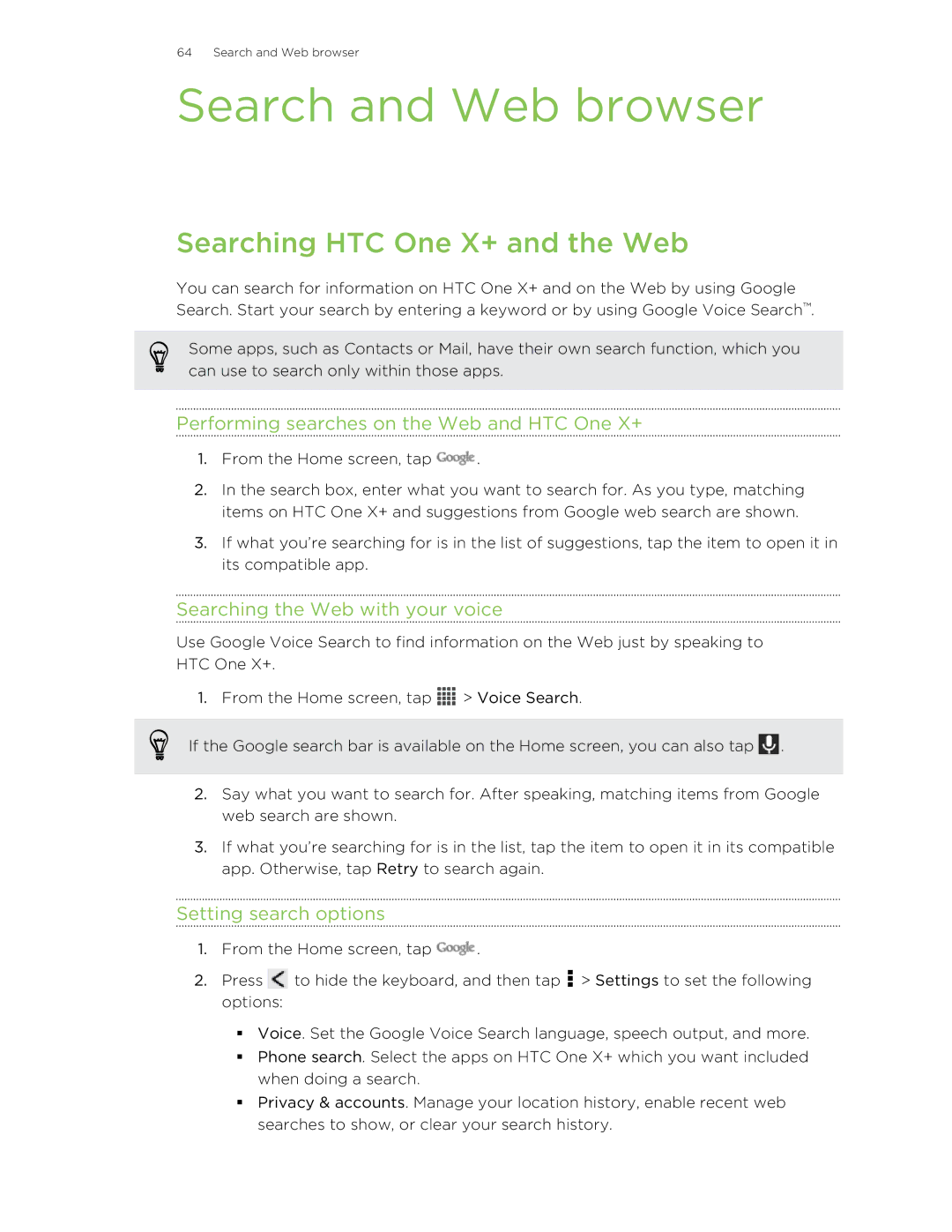 HTC manual Search and Web browser, Searching HTC One X+ and the Web, Performing searches on the Web and HTC One X+ 