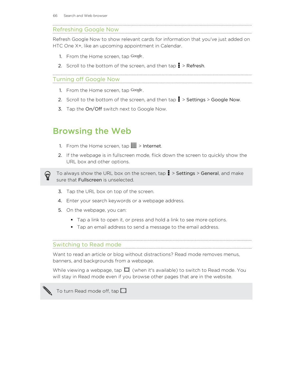 HTC X+ manual Browsing the Web, Refreshing Google Now, Turning off Google Now, Switching to Read mode 