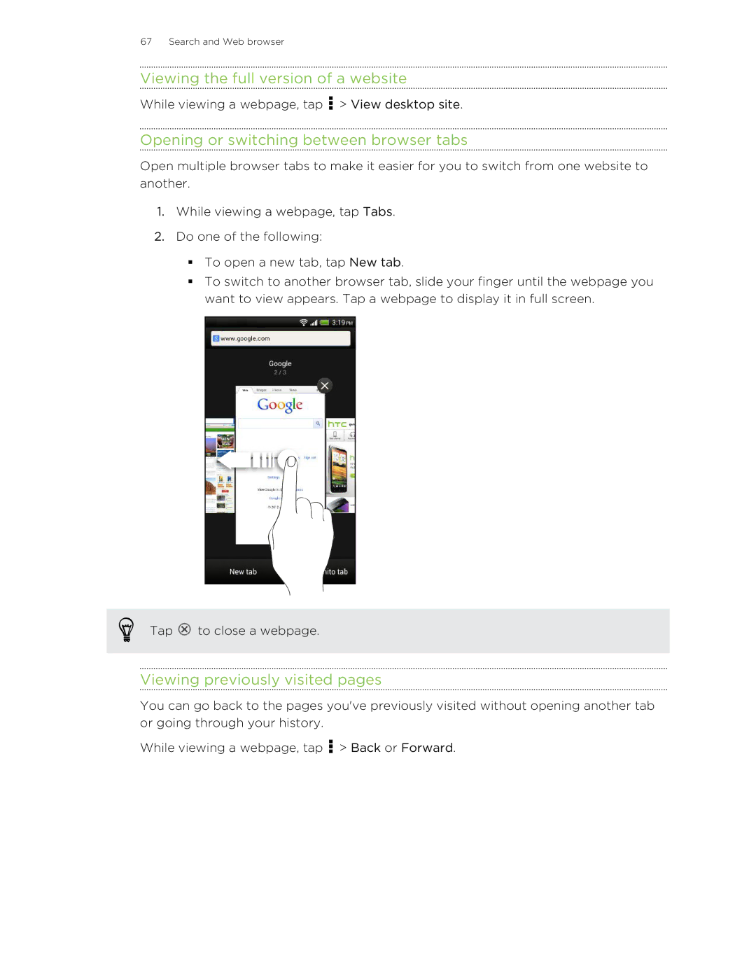 HTC X+ Viewing the full version of a website, Opening or switching between browser tabs, Viewing previously visited pages 