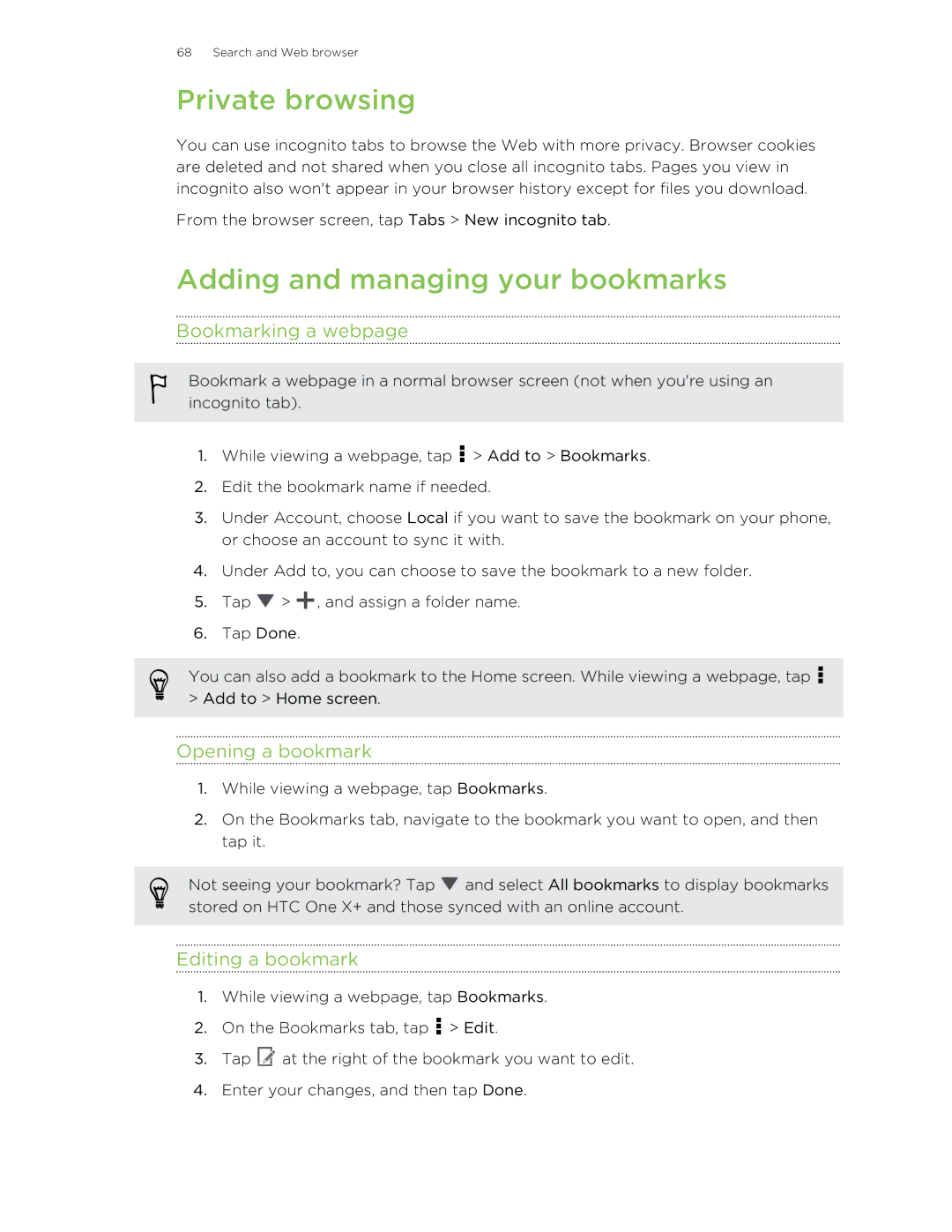 HTC X+ Private browsing, Adding and managing your bookmarks, Bookmarking a webpage, Opening a bookmark, Editing a bookmark 