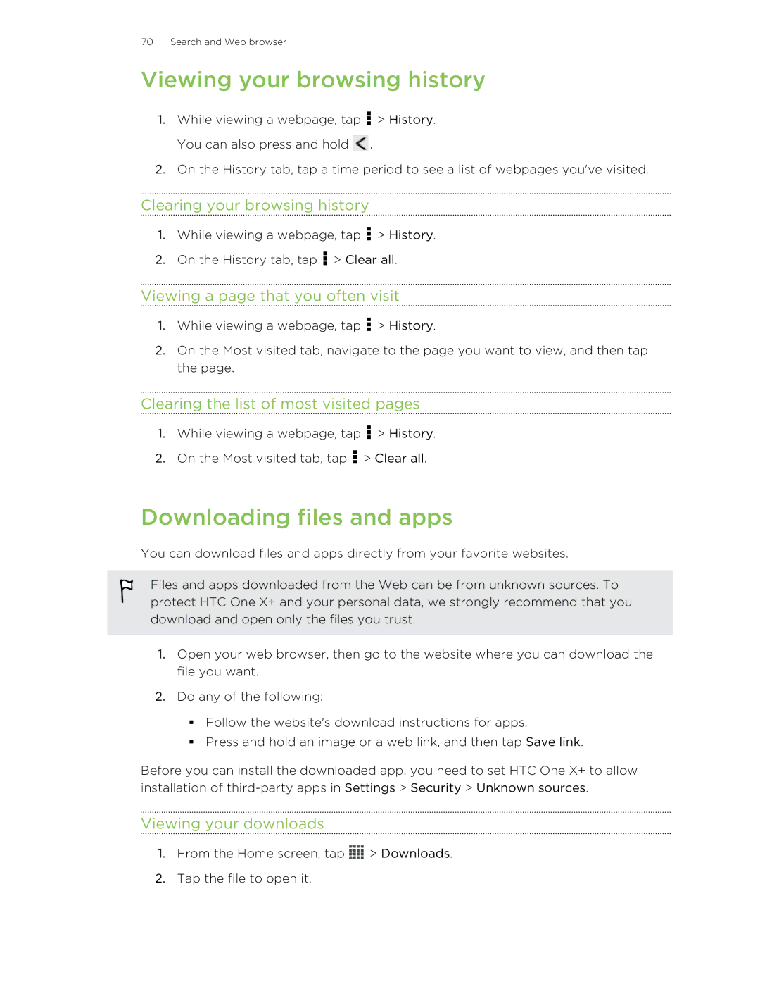 HTC X+ manual Viewing your browsing history, Downloading files and apps 