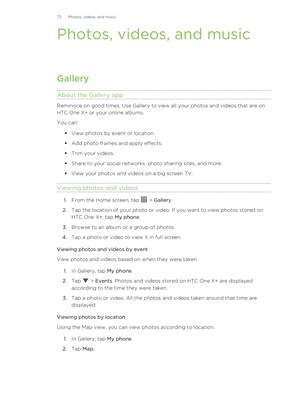 HTC X+ manual Photos, videos, and music, About the Gallery app, Viewing photos and videos 