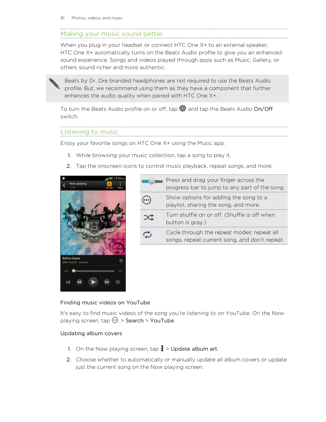 HTC X+ manual Making your music sound better, Listening to music 