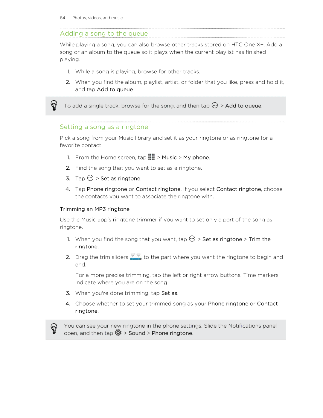 HTC X+ manual Adding a song to the queue, Setting a song as a ringtone 