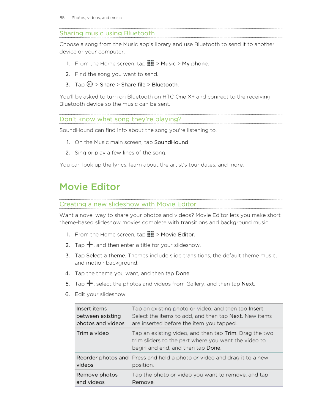HTC X+ manual Movie Editor, Sharing music using Bluetooth, Dont know what song theyre playing? 